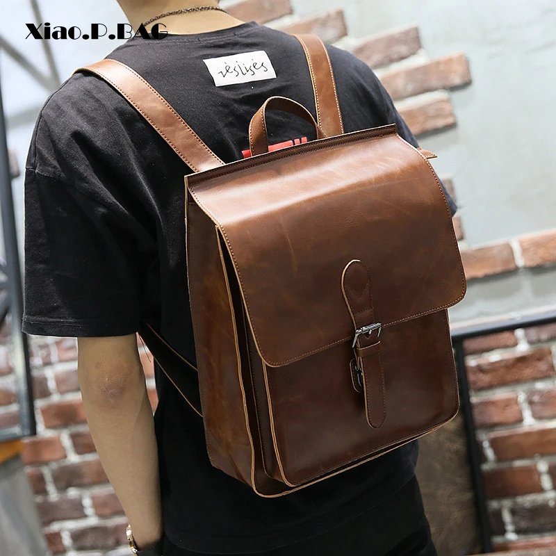 

New Vintage Men Hasp Backpack England Style Fashion Retro Crazy Horse PU Leather Backpacks Men's Bag Mochila Male Bolsa Sac