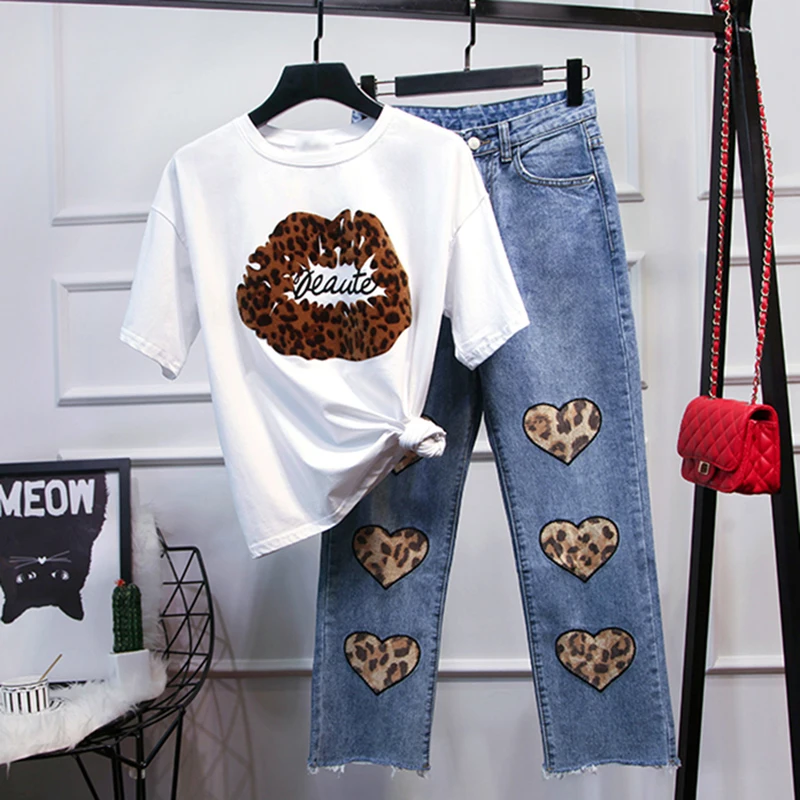 

HIGH STREET New Stylish 2019 Runway Suit Set Women's Short Sleeve T-shirt Jeans Pants SET