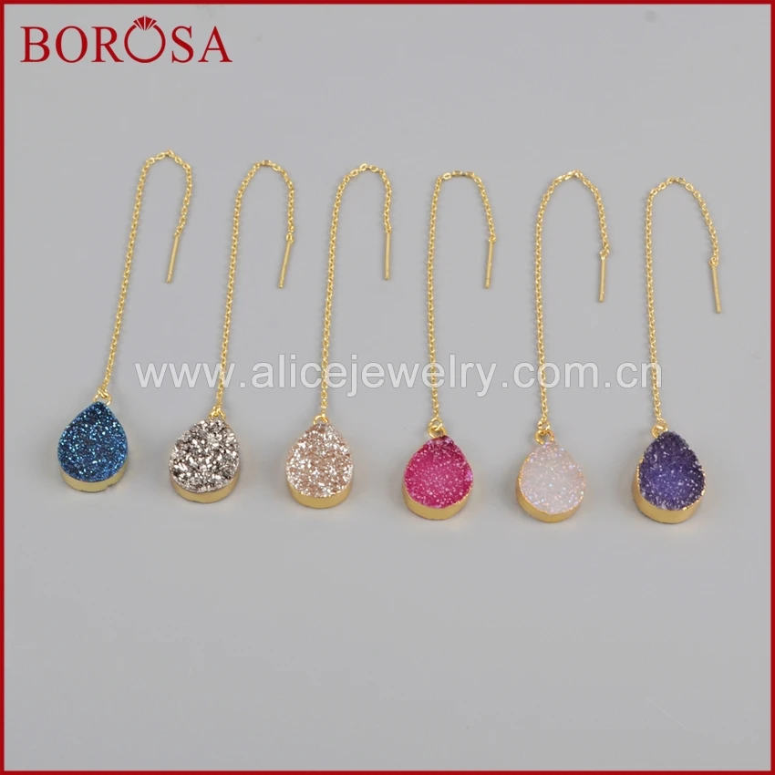

BOROSA Gold Color Teardrop Titanium Rainbow Druzy Crystal Threader Earrings, Mix Colors Handcrafted Drop Earring for Women G1242