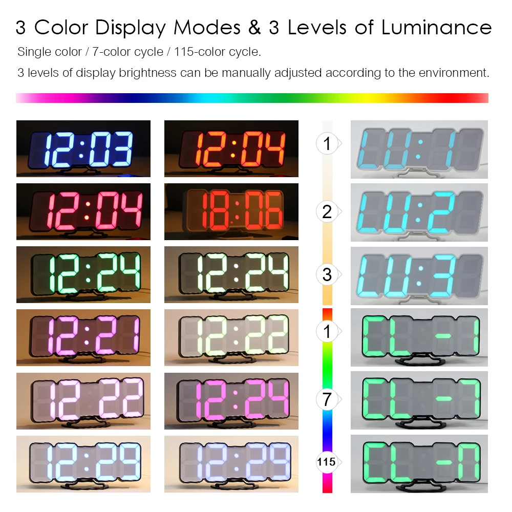 3D беспроводной дистанционный цифровой RGB светодиодный Будильник с питанием от USB 115 изменение цвета 3 уровня яркости звукового управления настенные настольные часы