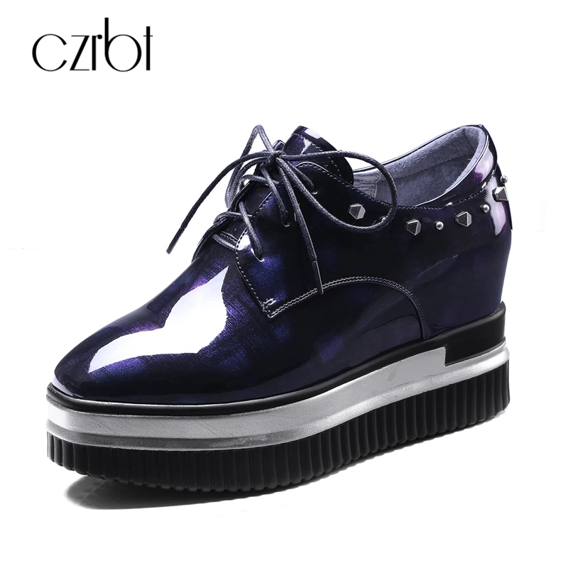 

CZRBT High Quality ! Fashion Printed Leather Rivet Women Shoes Platform Shoes Spring Autumn Handmade Height Increasing Shoes