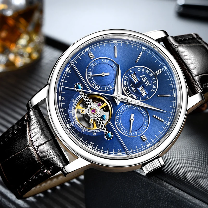 

Luxury Hollow Carnival Watch Men Tourbillon Multi-Function Sapphire Leather Strap Wristwatch Reloj Hombre Luminous