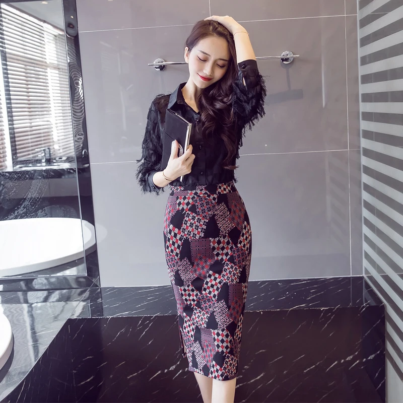 

Spring New 2019 Women Elastic Printed Large Size Midi Skirt High Waist Sexy Bodycon Split Skirts For Women Work OL Formal Skirt