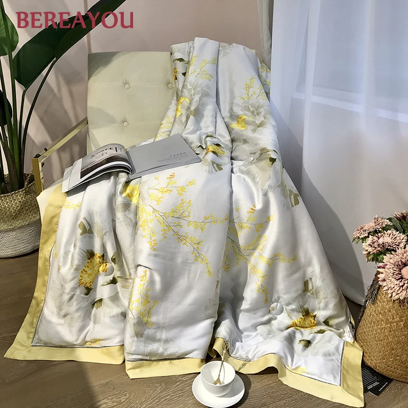 60S Tencel Cotton Summer Quilts Blanket Plant Printing Bed Quilt King Size Bed Cover For Boys Lazy Bed Home Textile colchas