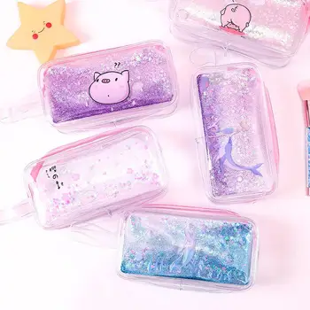 

Cartoon Mermaid Pig Flower Quicksand Oil Transparent Pencil Case Stationery Bag 2019NEW