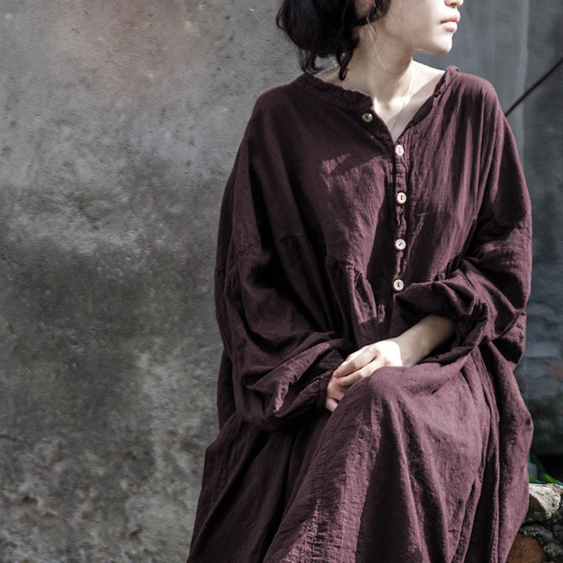 

SCUWLINEN 2019 Women Autumn Dress Vintage Stand Collar Lantern Sleeve Plus Size Long Linen Dress Women Casual Robe B103001SXY