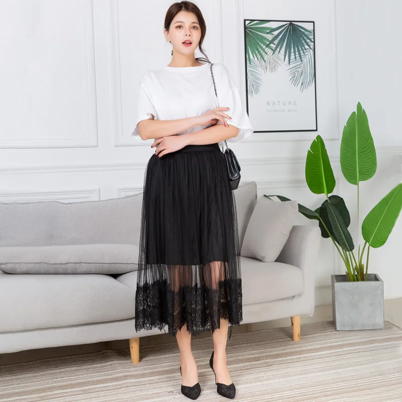 Women Skirts A-Line Summer Sexy Lace Mesh Midi Skirt Female Vintage Summer High Waist Elastic Black Pleated Skirt For Women