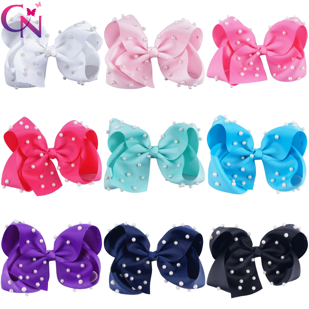 

9 Pieces/lot 6" Pearl Hair Bows With Clips For Kids Girl Princess Handmade Boutique Plain Ribbon Bows Hairgrips Hair Accessories