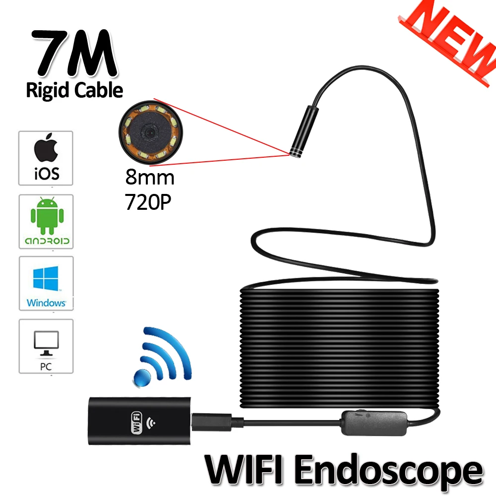 

8LED 8mm OD 7M WIFI Endoscope Camera 2MP 720P Snake USB Flexible Hard Wire Iphone Android IOS Pipe Inspection Endoscope Camera