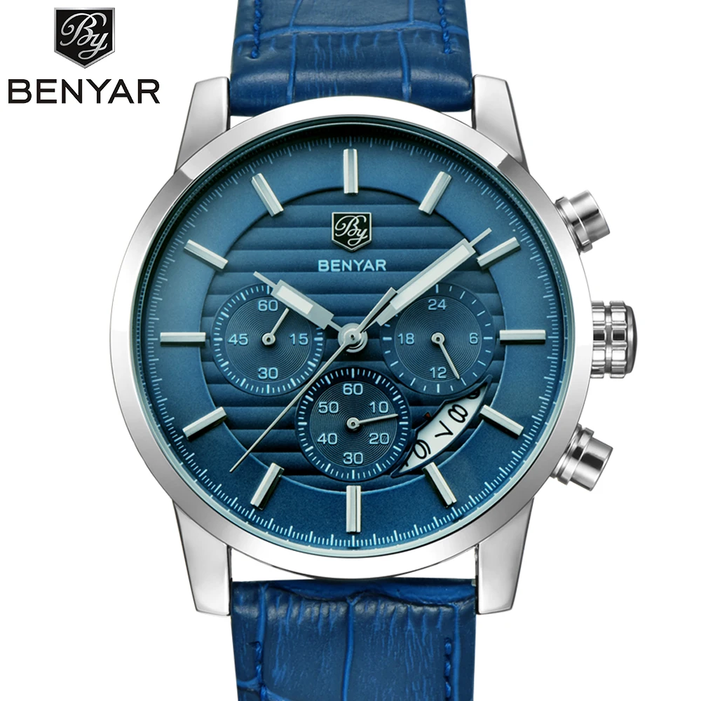 Men's Watches Top Brand BENYAR Calendar Function New Arrival Fashion Men Leather Quartz Watch Men Waterproof Relogio Masculino