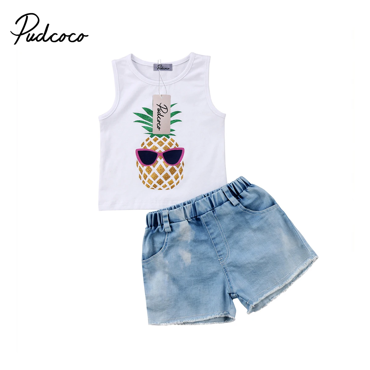 Toddler Kid Baby Girls Set Pineapple Print Vest+Denim Pants Summer New