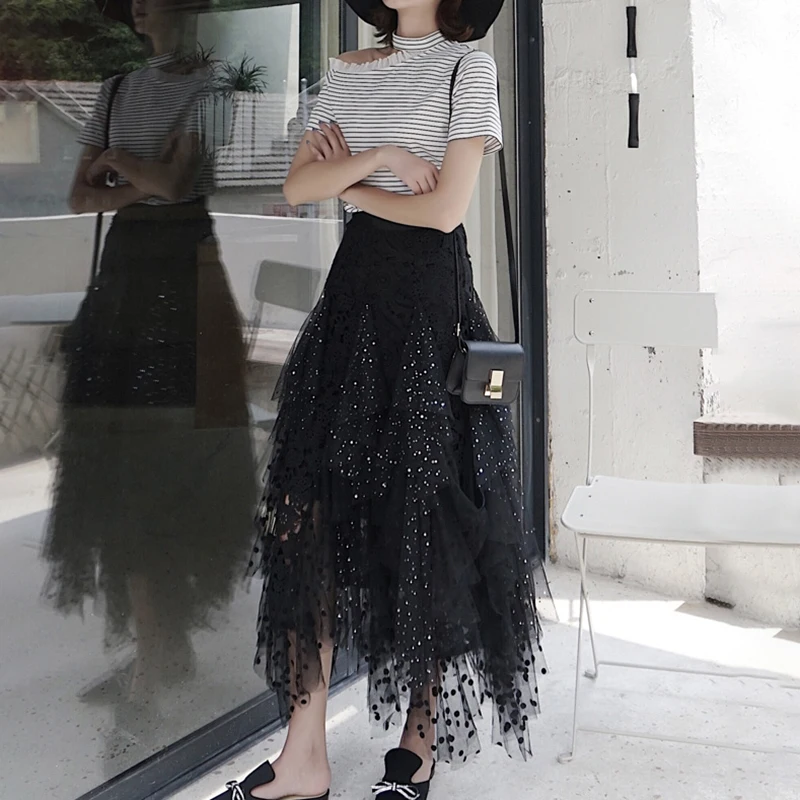 TWOTWINSTYLE выдалбливают горошек для женщин юбка высокая талия сетки нерегулярные Mid юбки женские повседневные корейский 2019 Весенняя мода Новый