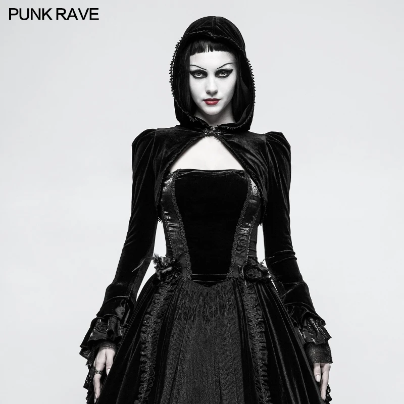 Punk Rave Women Gothic Velvet Short Jacket Fashion Vintage Evening Party Hooded Cloak Cape Stage Performance Tops for Women