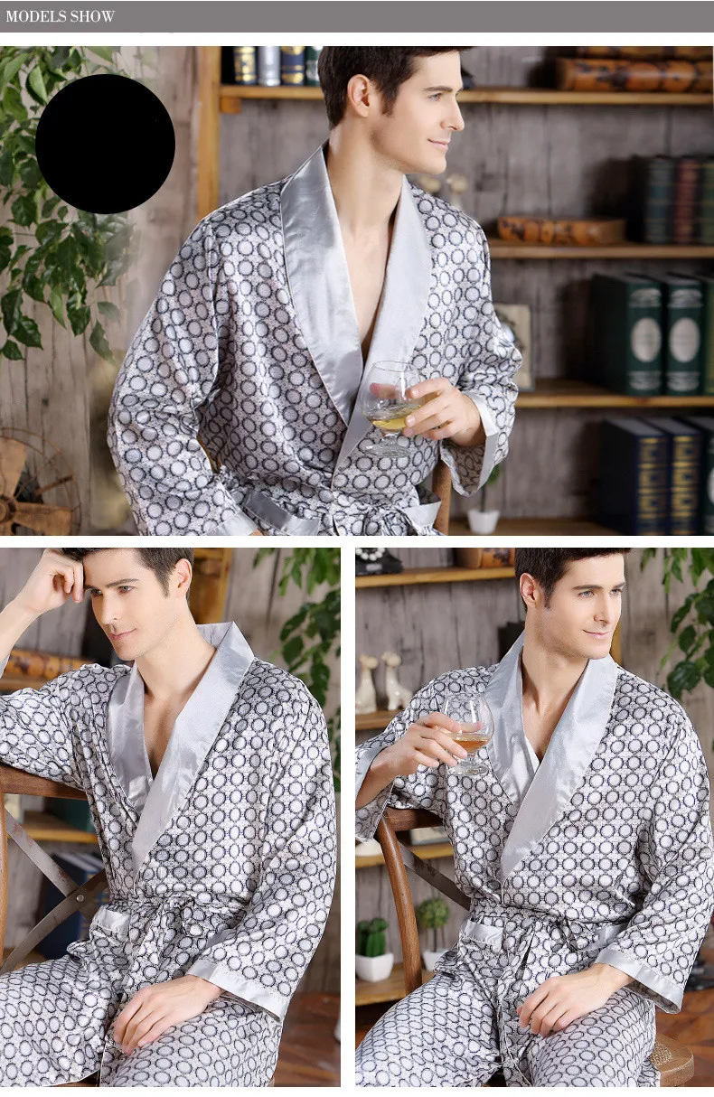 Мужской шелковый халат осень с длинным рукавом плюс размер халаты мужские с геометрическим принтом халаты v-образным вырезом атласная ночная рубашка