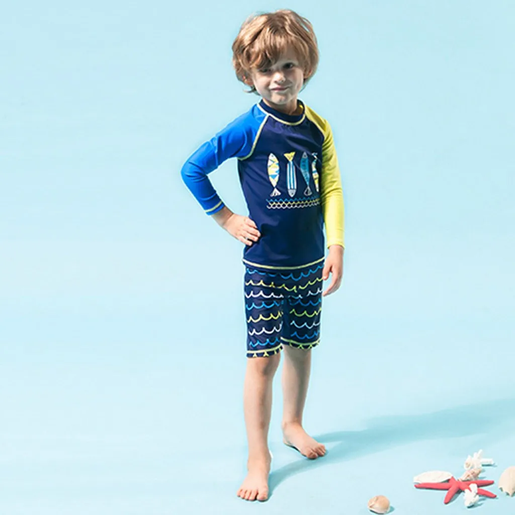 

Summer Children Swimsuit Kids Toddler Boy Girls Cartoon Fish Tops+Wave Shorts+Hat Sunsuit Swimwear Sets Baby boys Clothes set