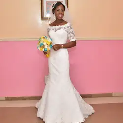2019 Новая мода африканский кружево Белый и цвета слоновой кости русалка свадебные платья свадебные, с рукавами до локтя свадебное платье