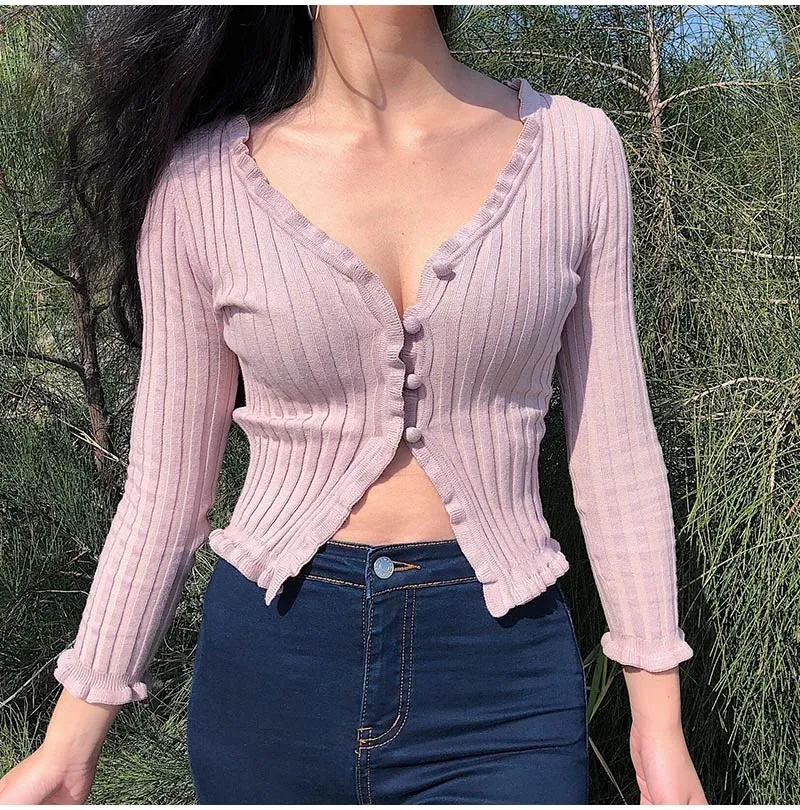 

2019 Harajuku Ruffle Women's Sexy Sweater Cardigan Solid Long Sleeve Pink Knitted Crop Top
