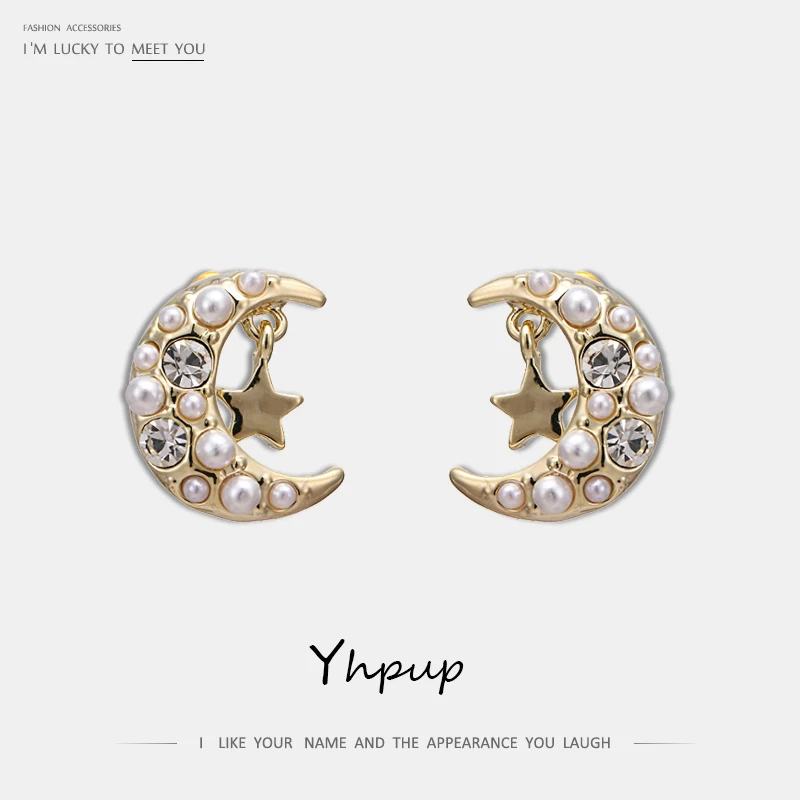 

Yhpup Fashion Sweet Imitation Pearls Elegant Moon Stud Earrings Rhinestone Crystal Exquisite Oorbellen for Female Party Gift New