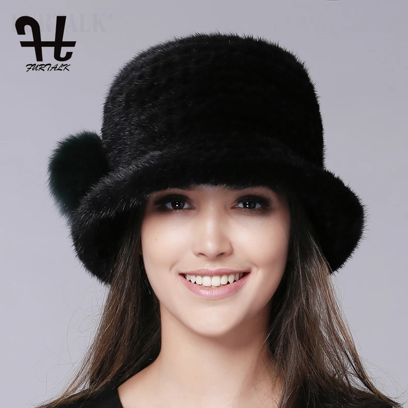 FURTALK Роскошные Трикотажные норки шляпа Fedora Ковша hat зимние меховые шапки для женщин
