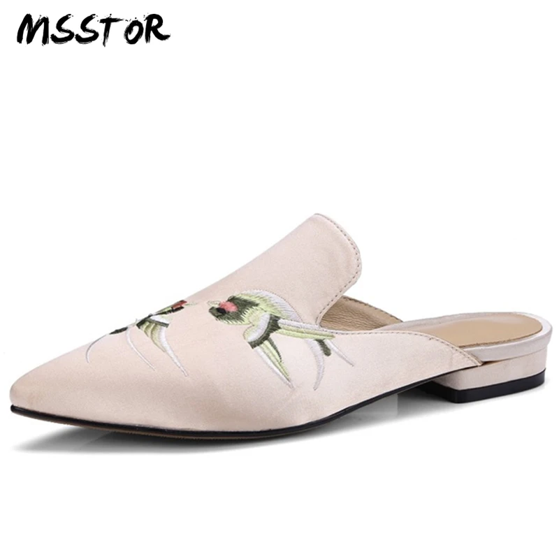

MSSTOR Animal Prints Embroider Women Shoes 2018 Slik Fashion Outside Plus Size 33-43 Summer Shoes Pointed Toe Mules Shoes Women