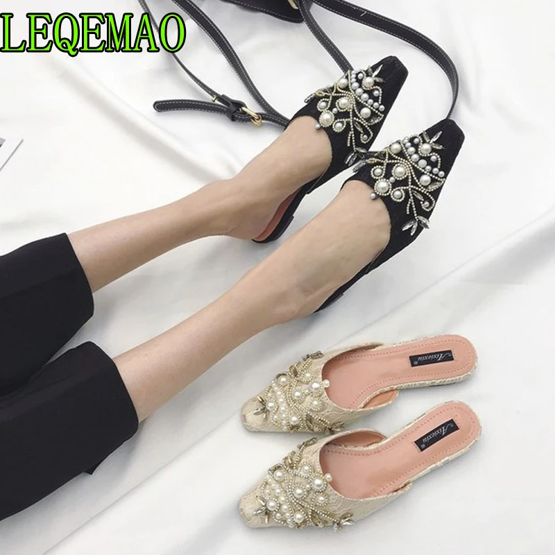

Fashion Women Slippers Slip On Mules Square Toe Low Heel Women Shoes Summer mules String Bead Slipper Wedding Shoes