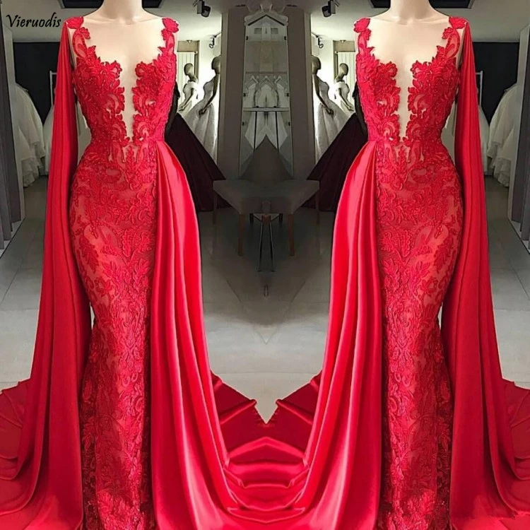 124-1        Red Muslim Evening Dress 2019 Mermaid Appliques Lace Islamic Dubai Saudi Arabic Long Evening Gown Prom Dresses abiye