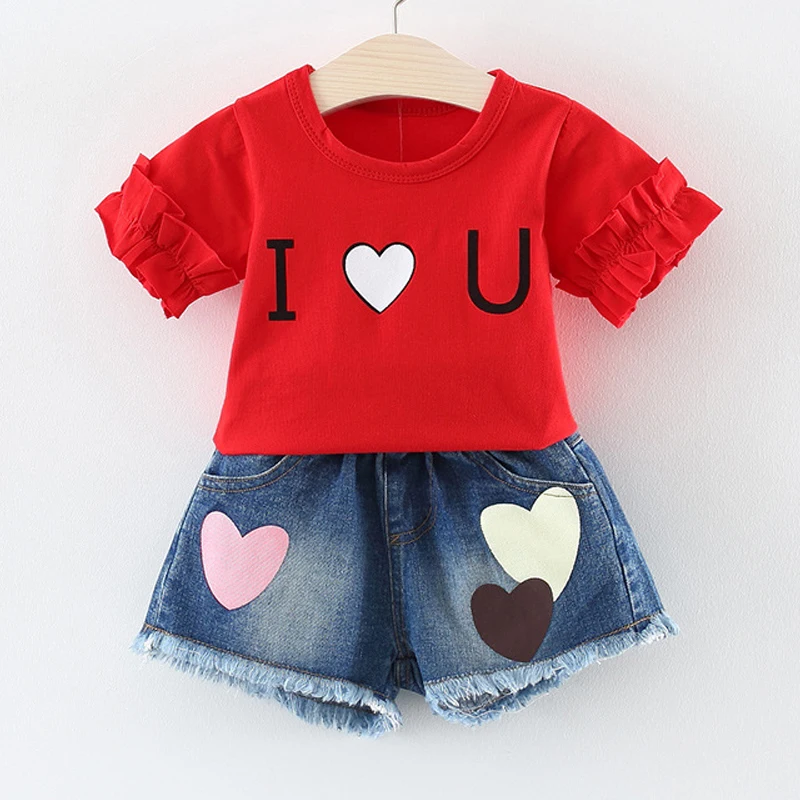

baby girl clothes 2019 Summe New girls clothes Love Short Sleeve + Love Denim Shorts 2pcs Set kids clothes Baby Girls