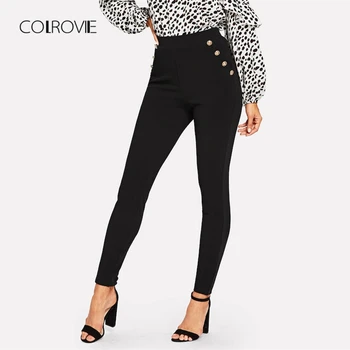 

COLROVIE Black Solid Button Detail High Waist Elegant Pant 2018 Streetwear Fashion Skinny Leggings Office Ladies Casual Trousers