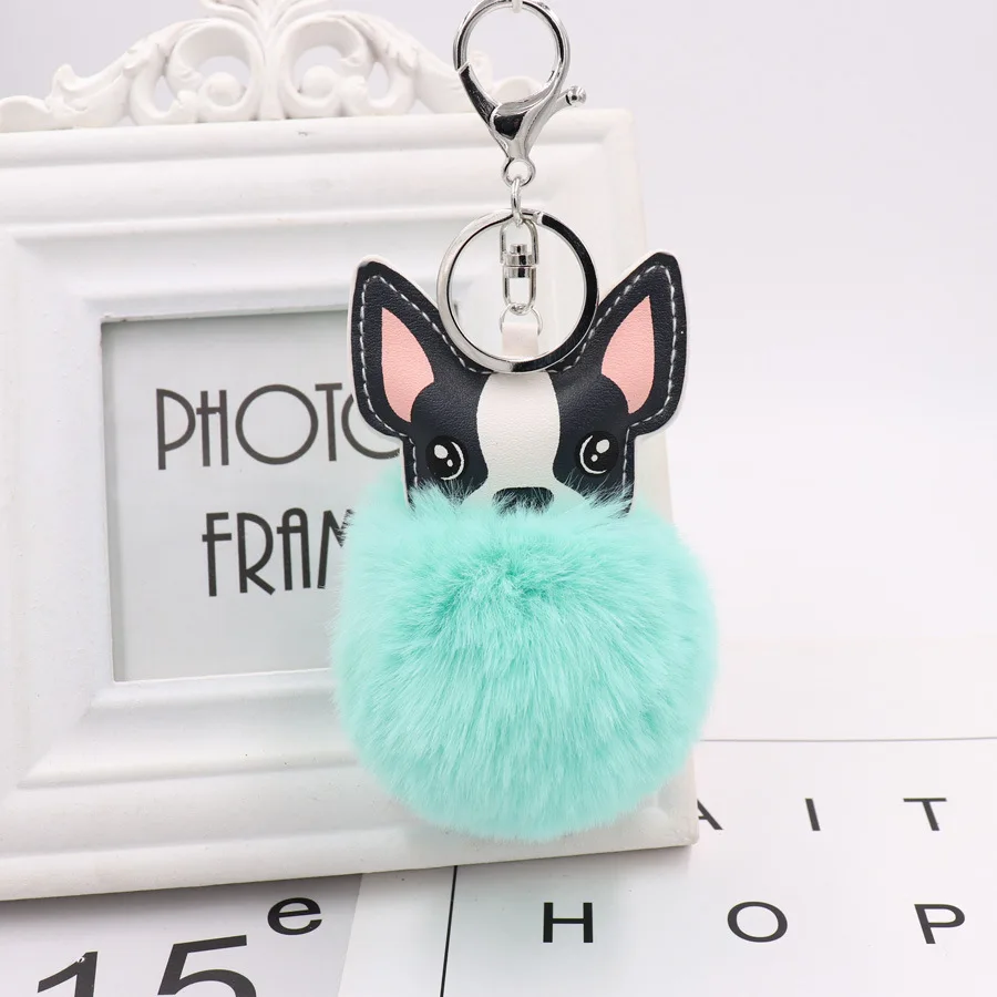 Пушистый кролик меховой шар брелок c французским бульдогом кожа мягкий пом плюшевая игрушка животное собака брелок держатель сумка брелок - Цвет: Green