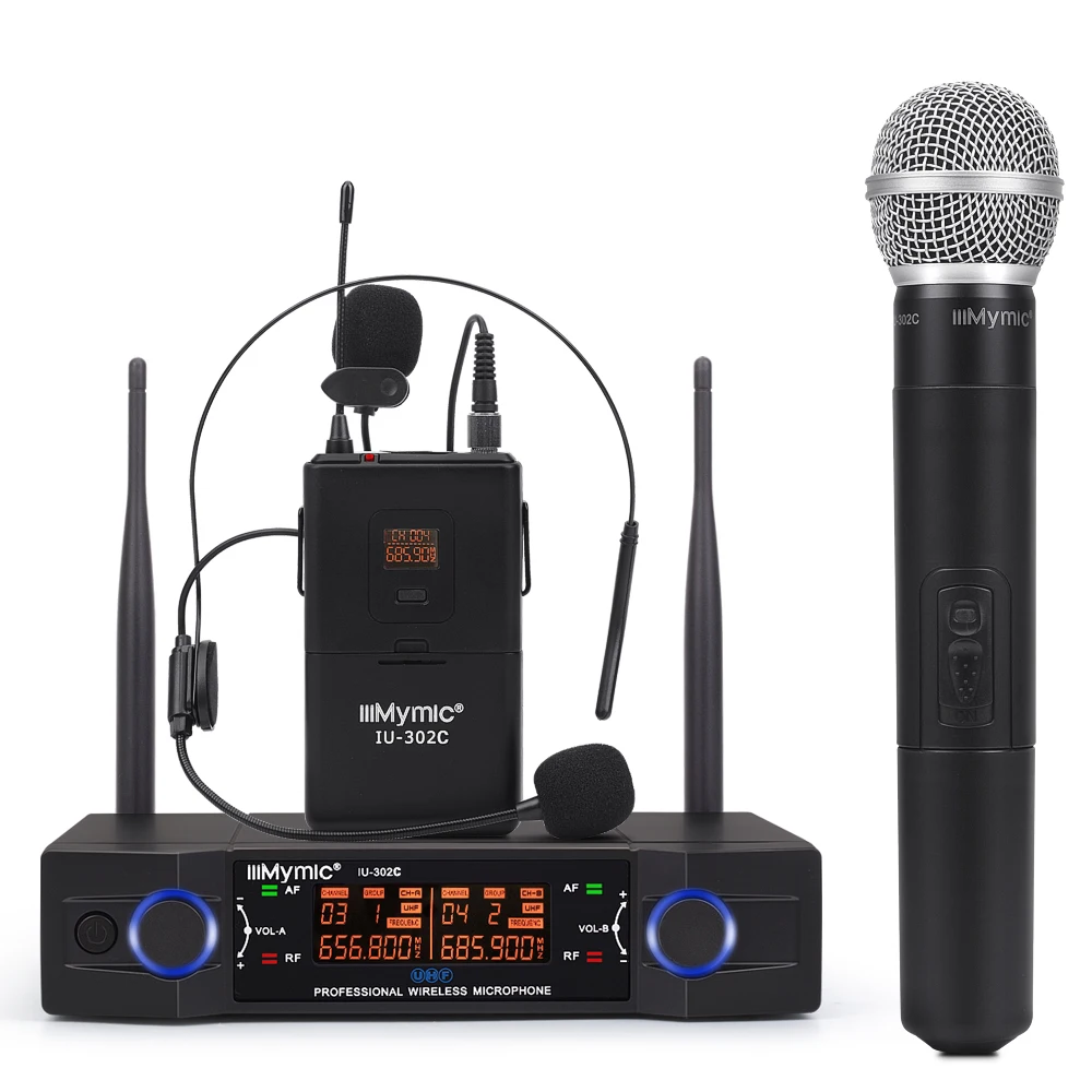 

IU-302C UHF Dual Channel Headset + Lapel + Handheld Microphone Professional Karaoke Wireless Mic System with Display Screen