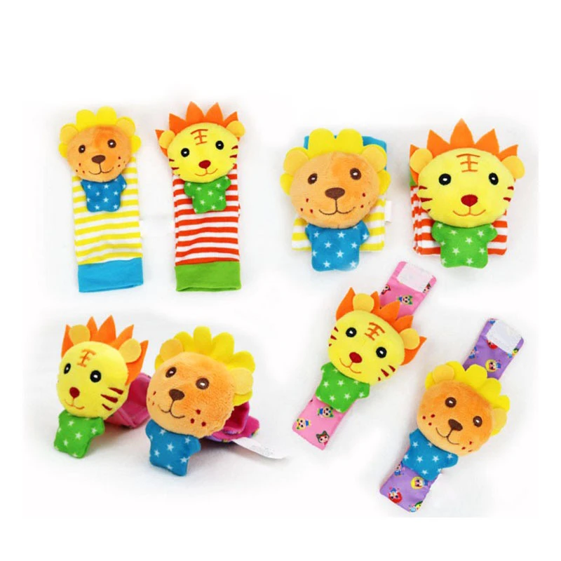 4 шт., детские игрушки-погремушки на запястье, плюшевые носки для новорожденных, носки-погремушки с изображением Льва, совы, животных, детские игрушки для 0-12 месяцев