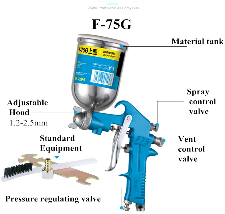 MAXMAN600/750/1000 мл профессиональный пневматический пистолет Аэрограф опрыскиватель сплав живописи распылитель с бункером для покраски автомобиля - Цвет: BT-F-75G
