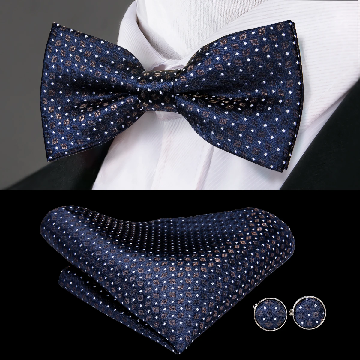 

LH-783 Hi-Tie Classic Wedding Party 100% Silk Bow Ties for Men Butterfly Tie Pocket Square Cufflinks Suit Set Blue Dots Bow Tie