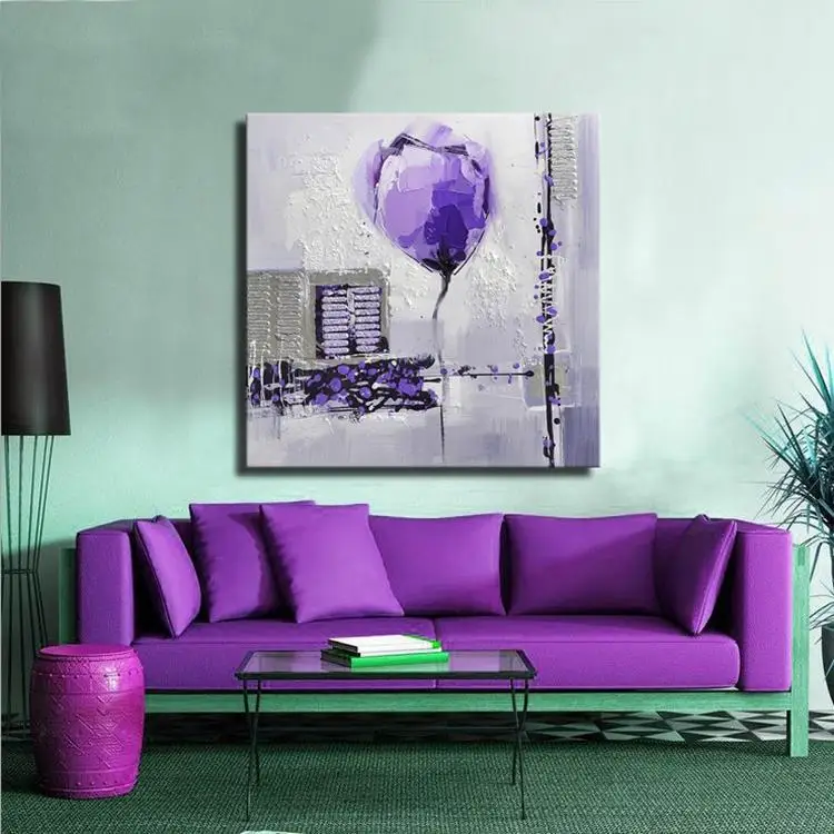 

Hot selling handmade decorative purple flowers painting Balloon texture modern abstract flower oil painting on line canvas