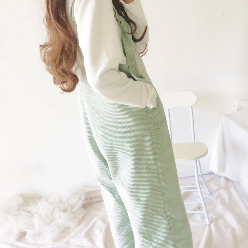 Япония Стиль мягкой сестра Kawaii в стиле «лолита» с широкими штанинами; Длина Повседневное Свободные Мультфильм вельветовое платье с вышивкой на подтяжках комбинезон
