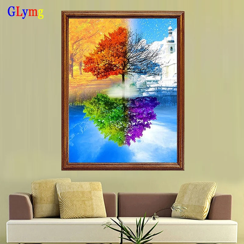 GLymg 5D Diy Four Seasons Бриллиантовая вышивка с изображением дерева круглая полная дрель