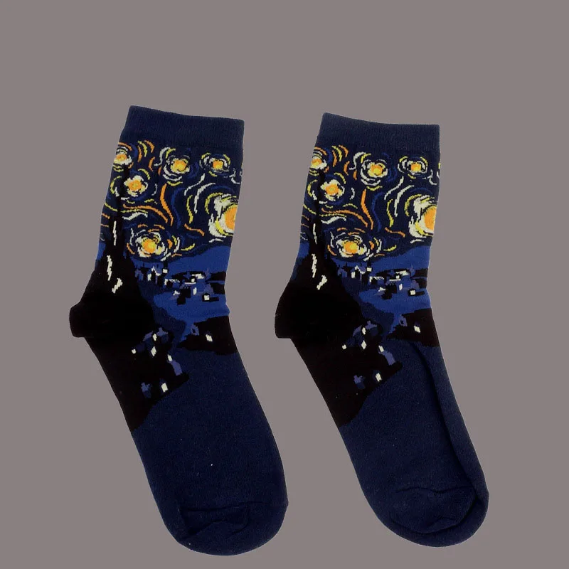 Новинка, ретро носки для влюбленных, для женщин и мужчин, рисунок Мона Лиза, художественные, забавные, модные, звездная ночь, комфортные Дышащие носки - Цвет: Purplish blue
