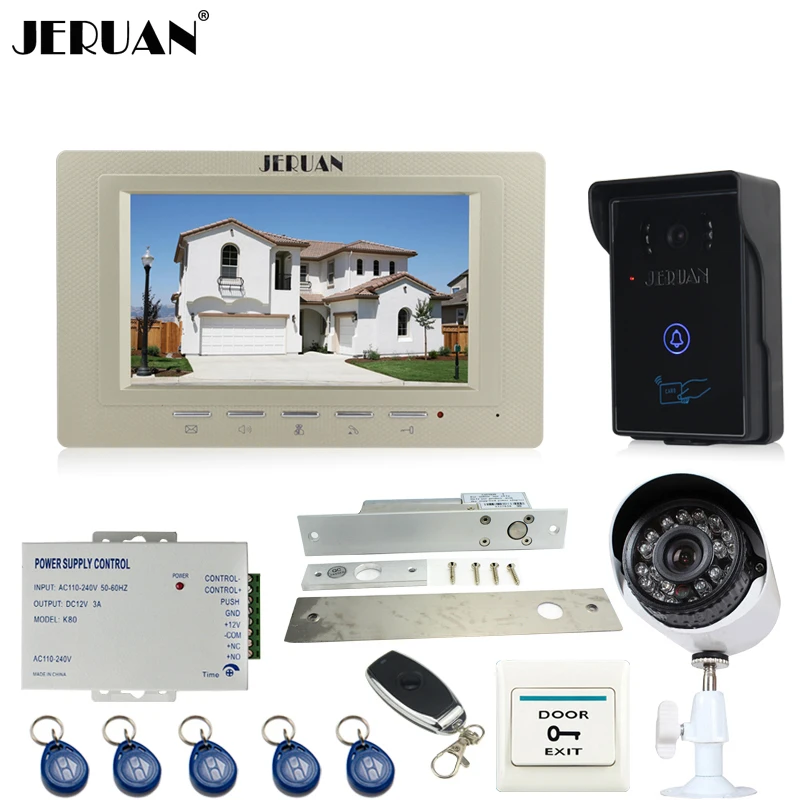 JERUAN Главная проводной 7 дюймов видео двери телефонная запись Системы комплект Водонепроницаемый RFID Доступа из металла 700TVL аналоговый