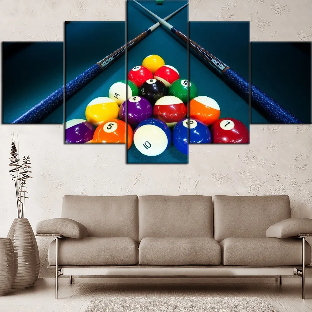 

Hot Sell 5 Pieces Canvas Painting Print Game Billiards And Ball Bar Type Poster Home Decor Living Room Or Bedroom Framework