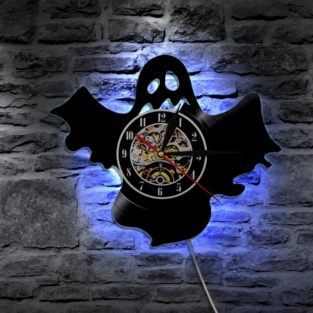 1Piece Ghost Vinyl Wall Clock Halloween Led Light Silhouette Wall Lamp Backlight Vintage LP