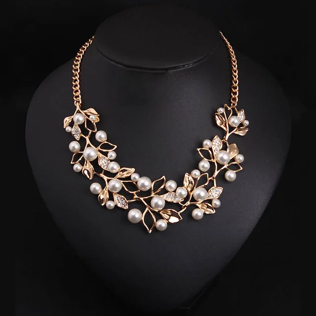 2016 New Fashion Imitation Pearl Rhinestone Flowers Leaves Metal Gold/Silver Plated Statement  Necklace Women Jewelry For Gift
