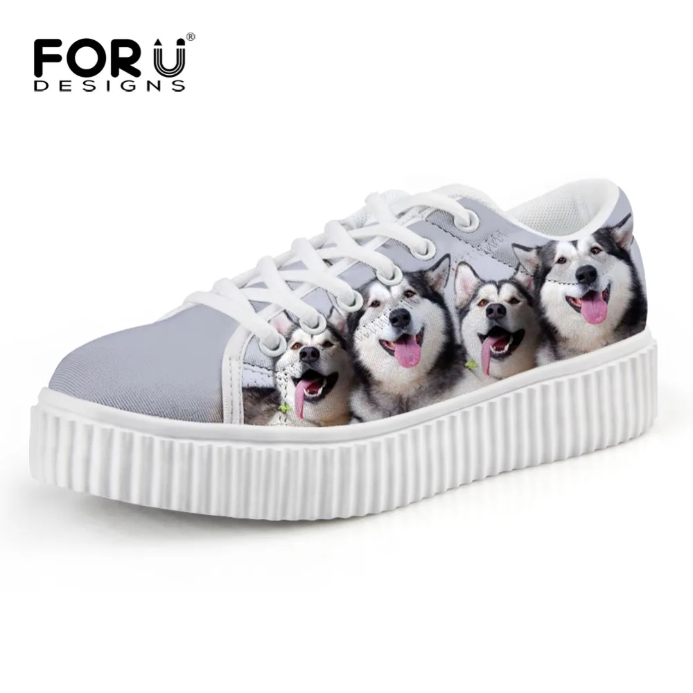 Cute Women Flats Shoes Animal Husky Dog Print Women Creepers Platform Shoes Lace Up Female Flats Shoes Chaussure Femme Casual