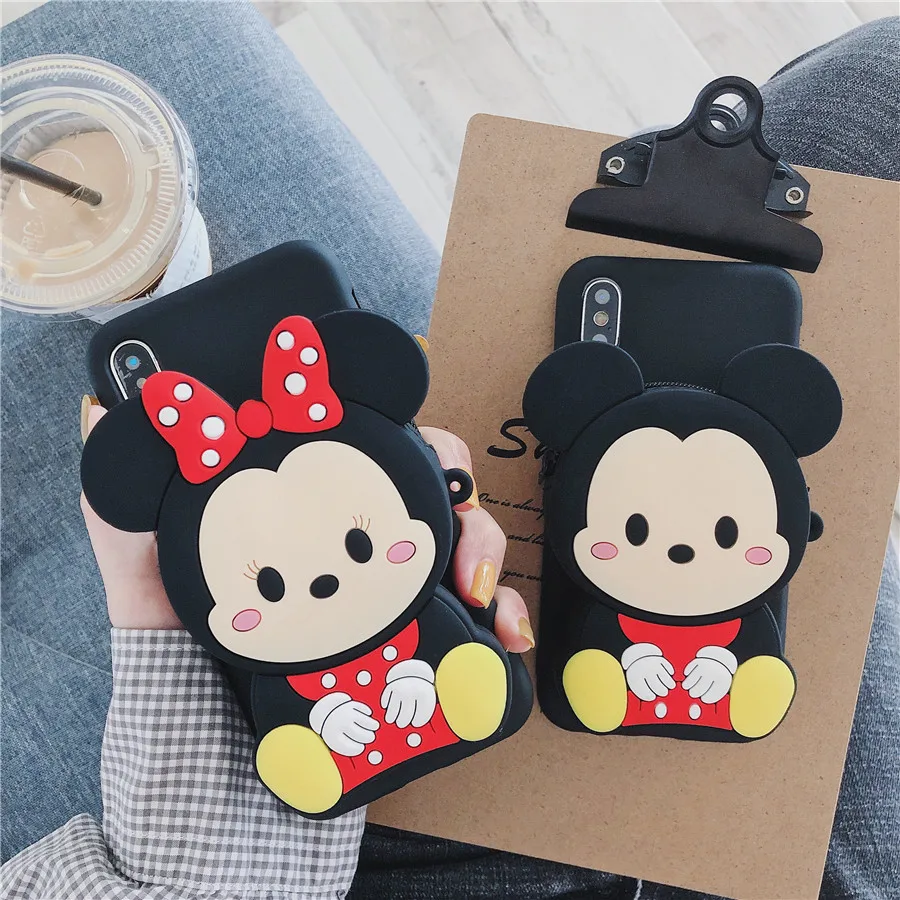 

Zipper Wallet Phone Case Bag for iPhone 6 6s 7 8 Plus X XR XS Max 3D Cartoon Mickey Minnie Soft Silicone Cover Coque Fudnas