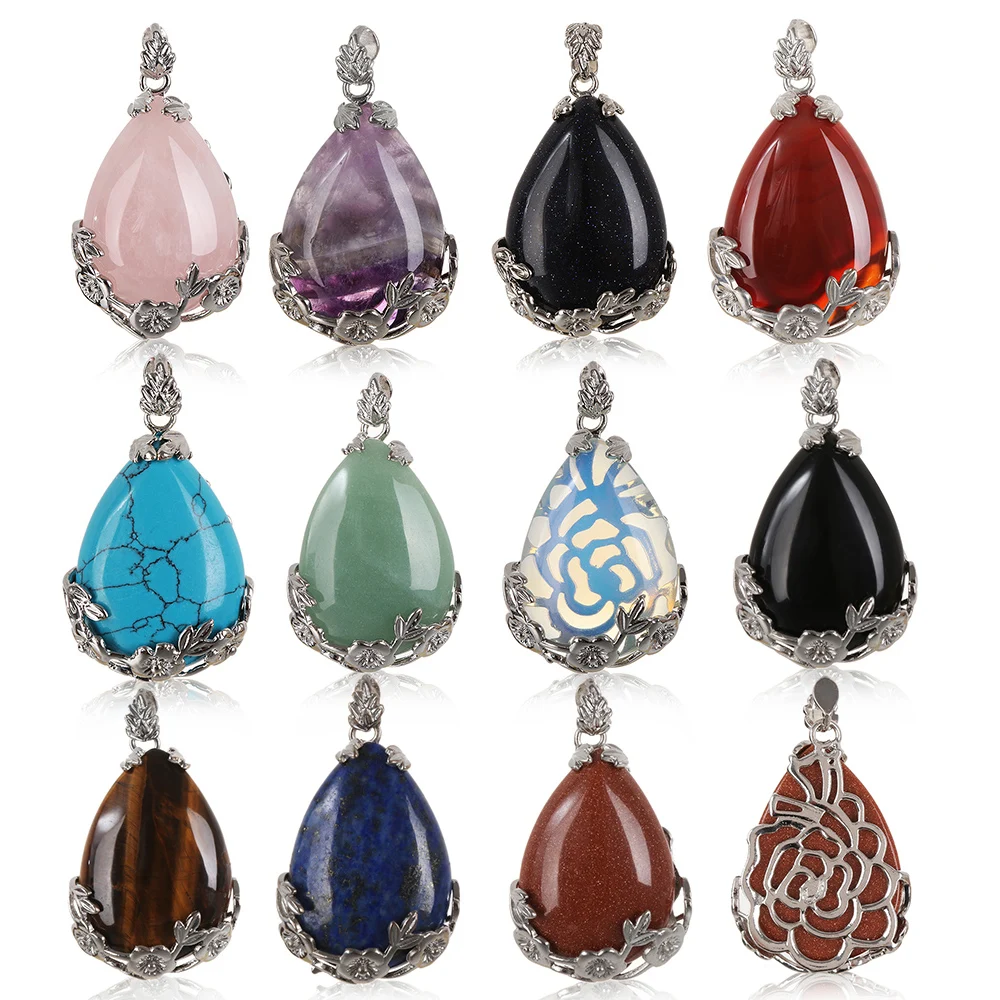 

New Natural Multicolor Unisex Quartz Crystal Stone Teardrop Inlaid Flower Healing Stone Necklace Pendant DIY Craft Home Decor