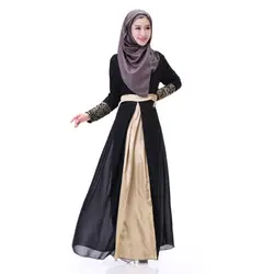 WEIXINBUY Для женщин Elegan мусульманин вышитые манжеты кружевное платье Новинка 2017 года осень-зима Исламская шифоновое макси с длинным рукавом