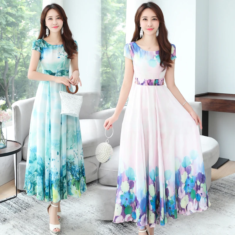 مكتب سيدة فستان صيفي كبير سوينغ Vestidos النساء قصيرة الأكمام الأزهار طباعة طويل فساتين الشيفون الأزرق ، الوردي ملابس كاجوال