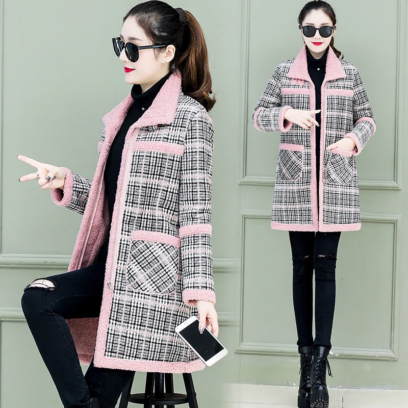 

Lamb's Wool Womens Coats Winter Long Sections Plus Thick Velvet Warm Slim Plaid Jacket Abrigos Mujer Invierno 2019