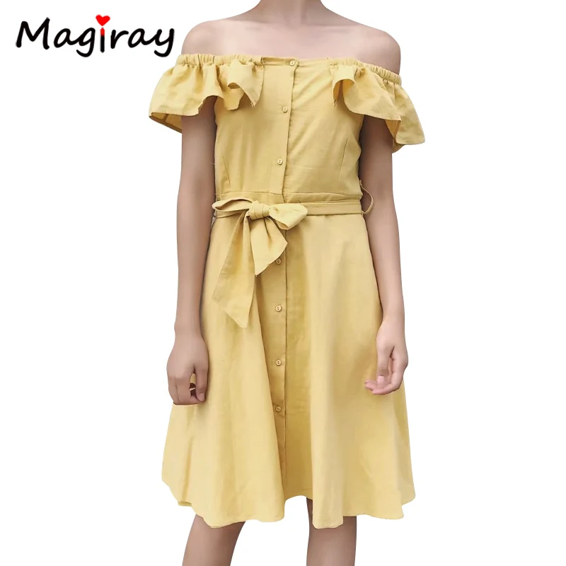 Magiray Slash Neck Off Ramię Wzburzyć Pościel Sukienka Kobiety Łuk Tie Tunika Sukienki Lato 2018 Casual Sundress Midi Szata Femme C524