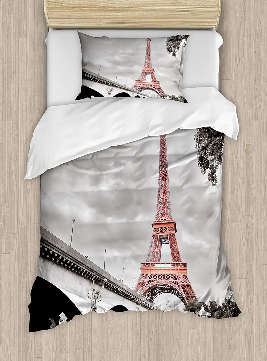 

Paris Duvet Cover Set Twin Size Tower Bridge Capital City Cloudscape Monochrome Style Picture Print Bedding Set Dimgray Salmon