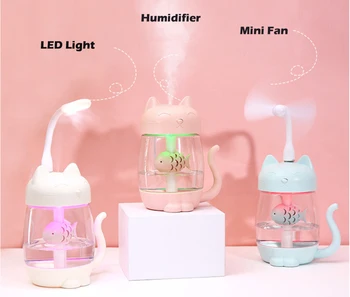 

3 in 1 350ML USB Cat Air Humidifier Ultrasonic Cool Mist Cute Mini Humidifier With LED Light Mini USB Fan for Home office Car